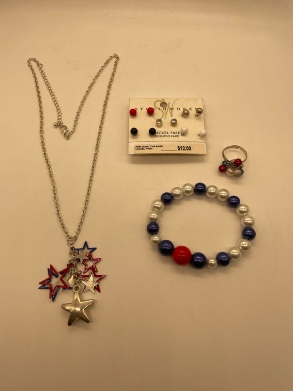 New & Used Necklace Earrings Bracelet Ring Red White Blue Patriotic Bundle